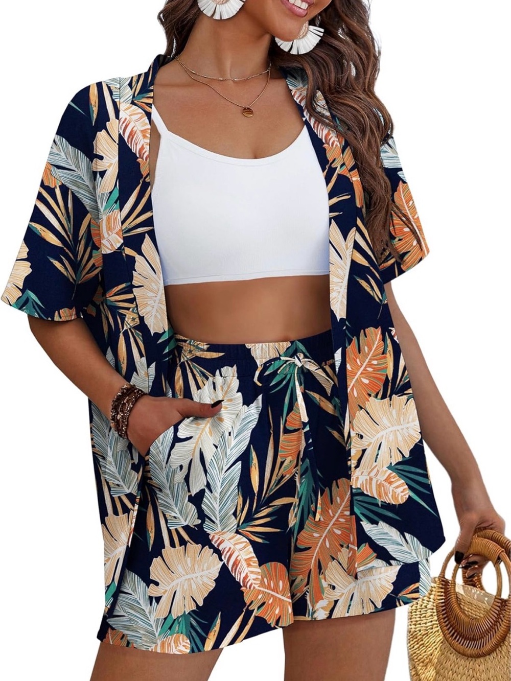 Tropical Palm Leaf 2 Piece Shorts Set Medium Resort Vacation Kimono Cover Up